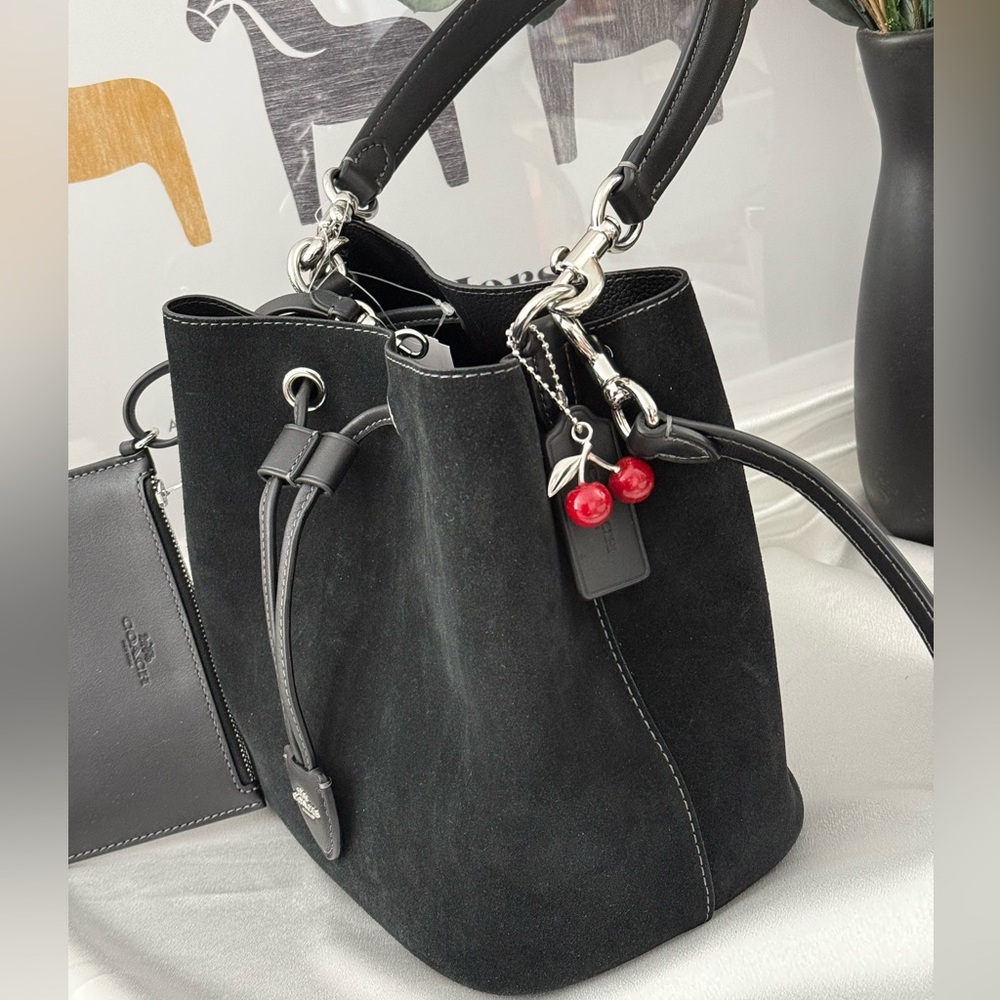 Coach Rowan Bucket Bag With Cherry Charm CCZ89 Suede/Silver/Black - Picture 2 of 9